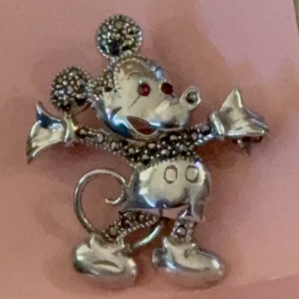 Vintage Mickey Mouse Brooch – Sterling Silver Marcasite‎ & Pink Stone Eyes